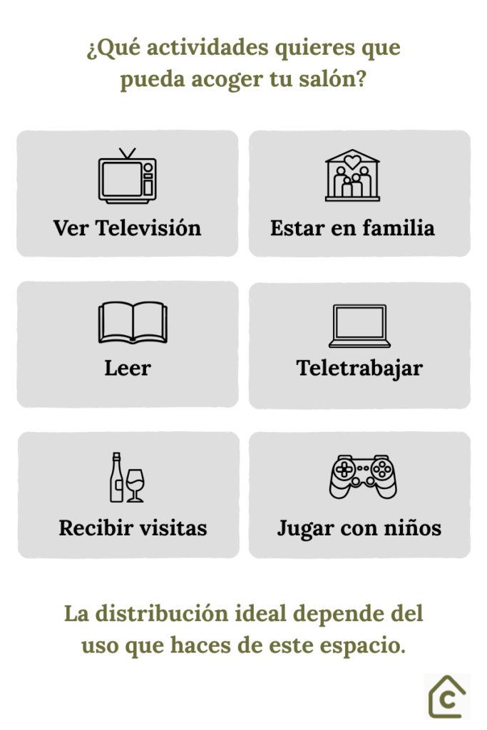 Para hacer un salón funcional lo primero es analizar qué actividades quieres acoger en tu salón.