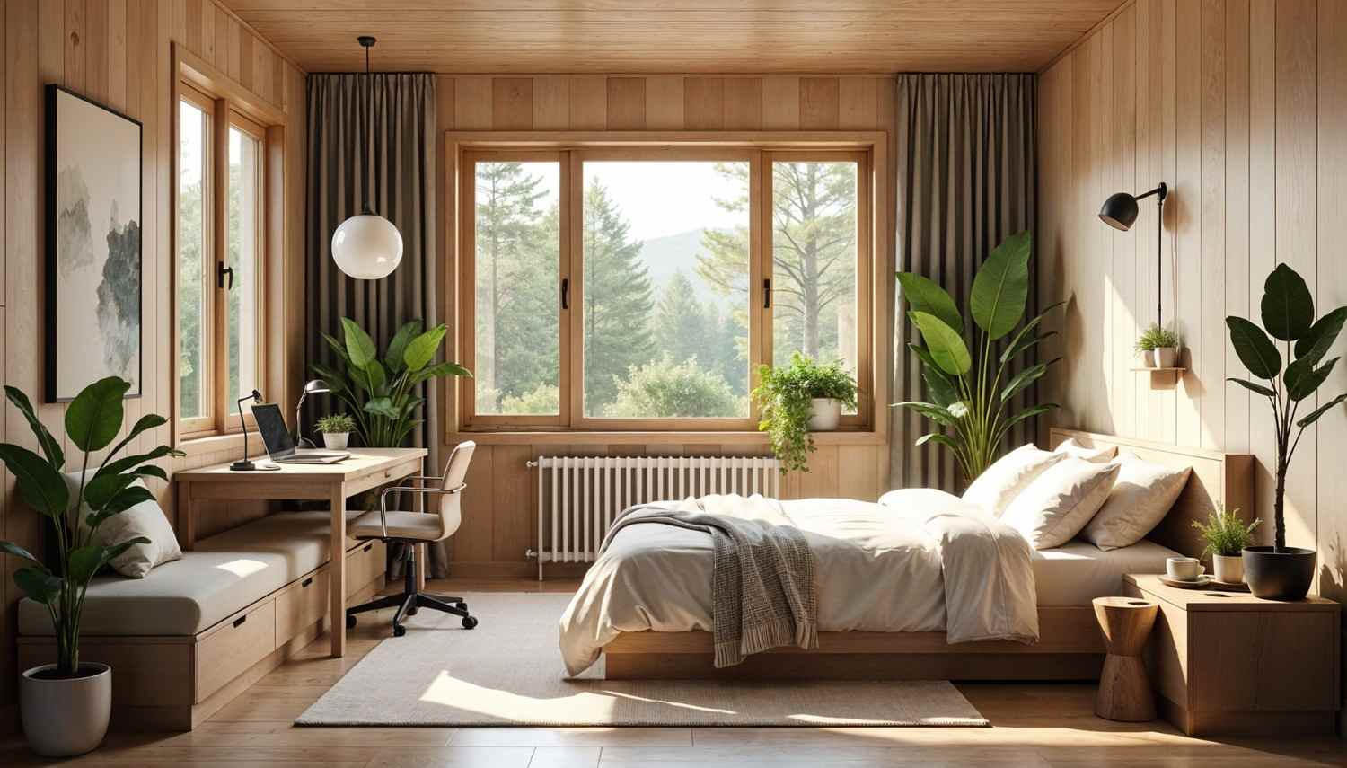 Dormitorio con cama, escritorio y almacenaje integrado junto a la ventana