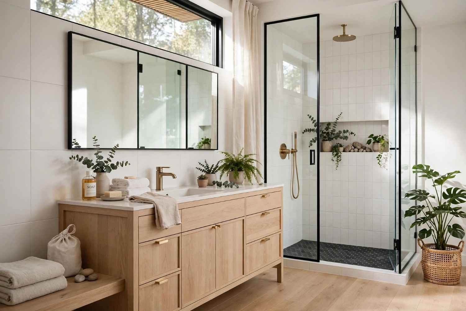 Baño con azulejos blancos, suelo beige, mueble de madera clara y ducha con mampara de perfiles negros.