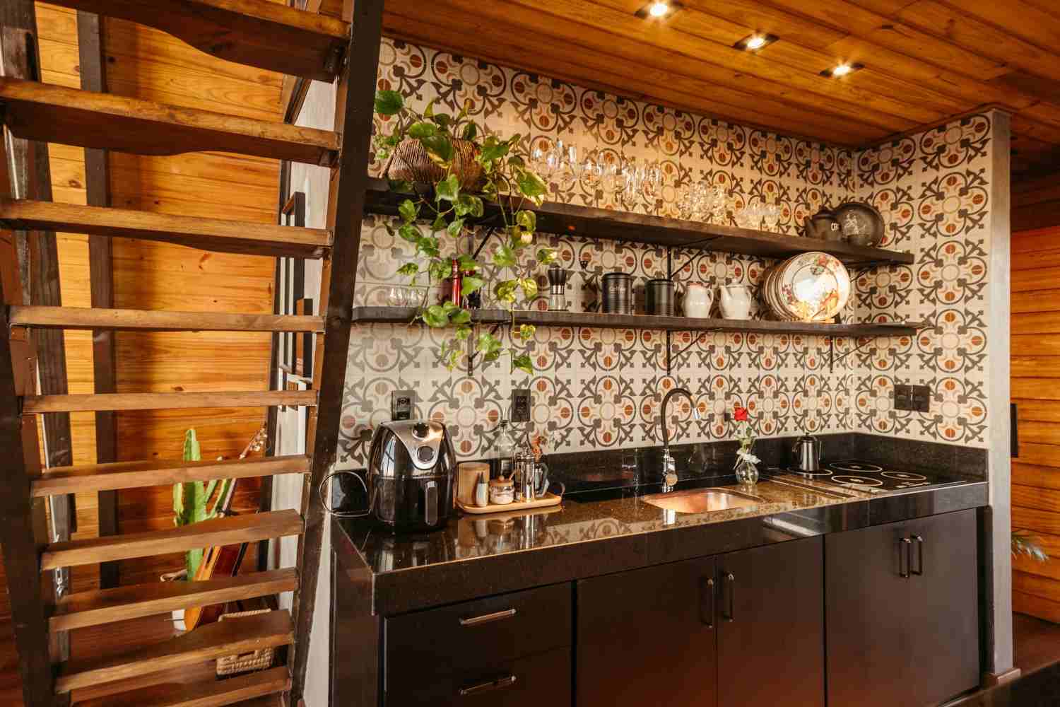 Cocina con muebles oscuros, pared de azulejos estampados y estantes abiertos con vajilla y plantas.