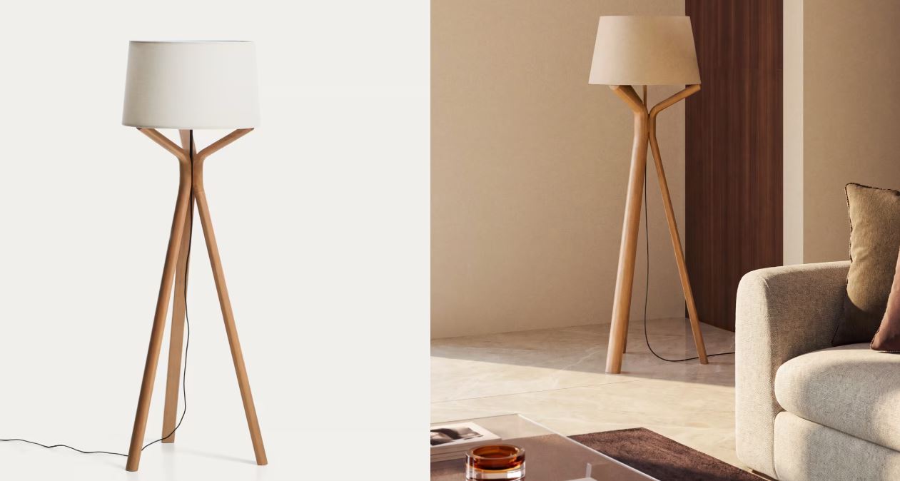 Lámpara de pie Ubira de Kave Home con estructura de madera de fresno y pantalla de lino.