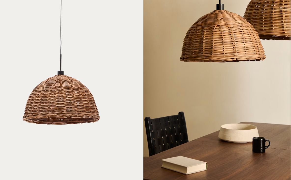 Pantalla para lámpara de techo Jornets de Kave Home, fabricada en ratán trenzado con acabado natural.