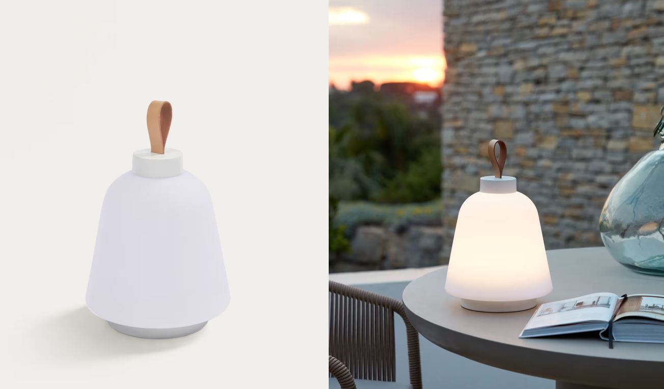 Lámpara de mesa Udiya de Kave Home en polietileno y metal blanco, con diseño decorativo para interior y exterior.